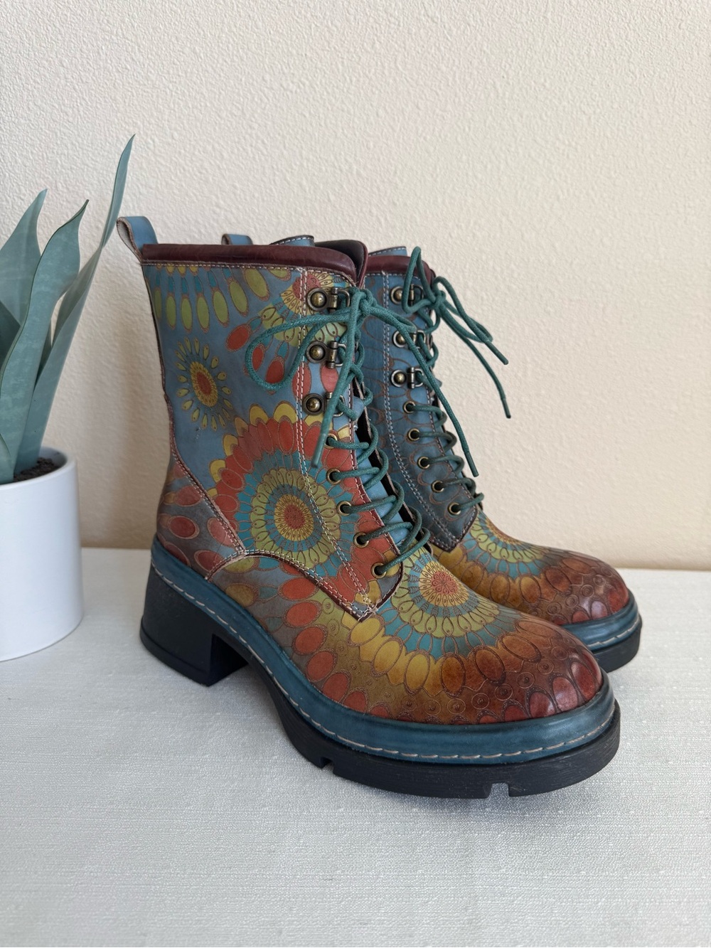 New L’ Artiste Carnivale Multicolor Floral Leather Lace-Up Platform Ankle Boots